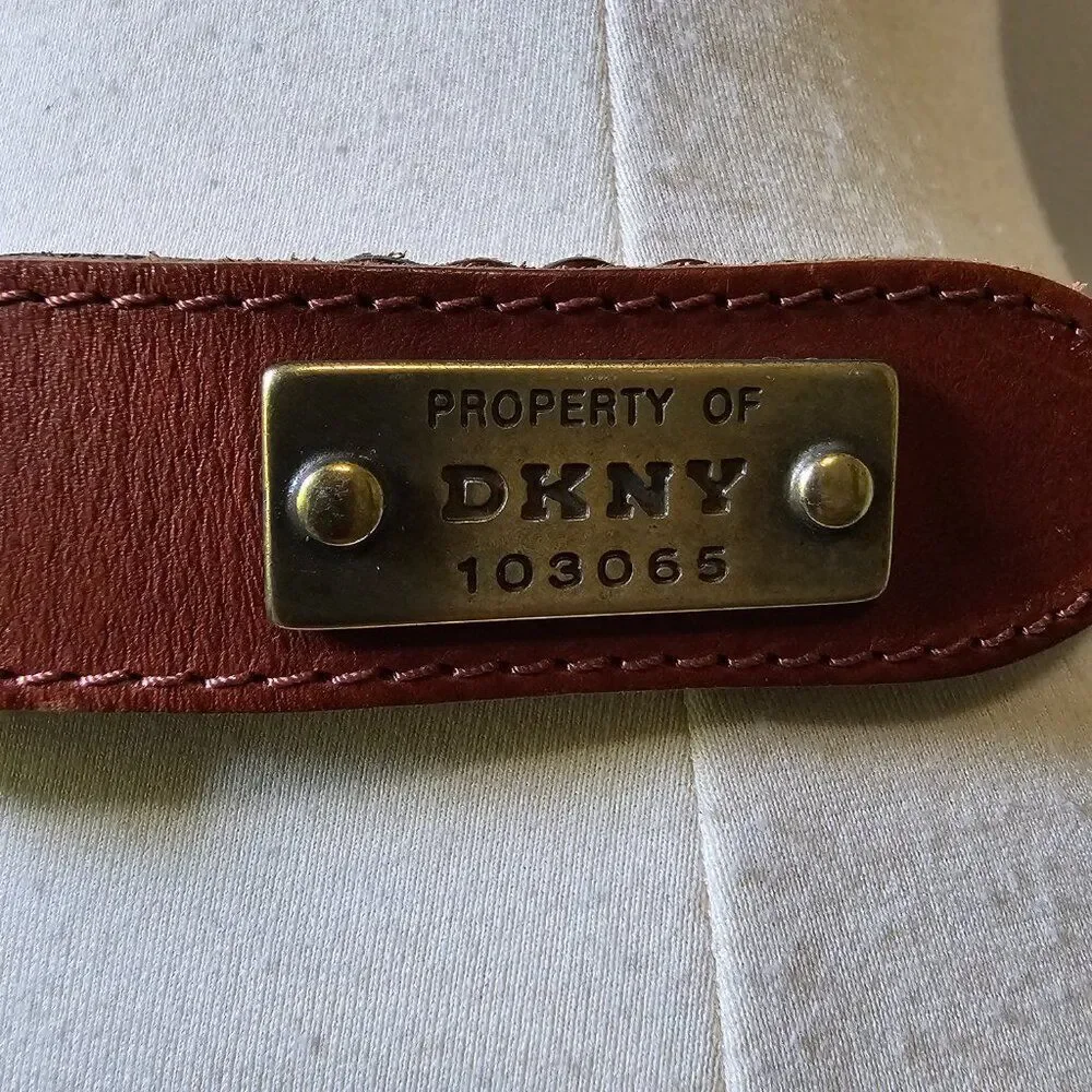 EUC VINTAGE DKNY 103065 BROWN GENUINE LEATHER BRAIDED STAMPED BRASS BELT L WMNS